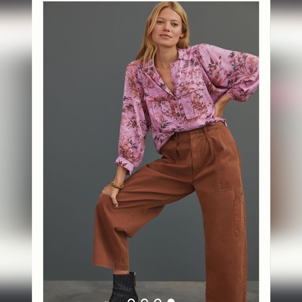 ANTHROPOLOGIE Pilcro pink femme utility gorp duck blouse button up‎ shirt L - Picture 11 of 11